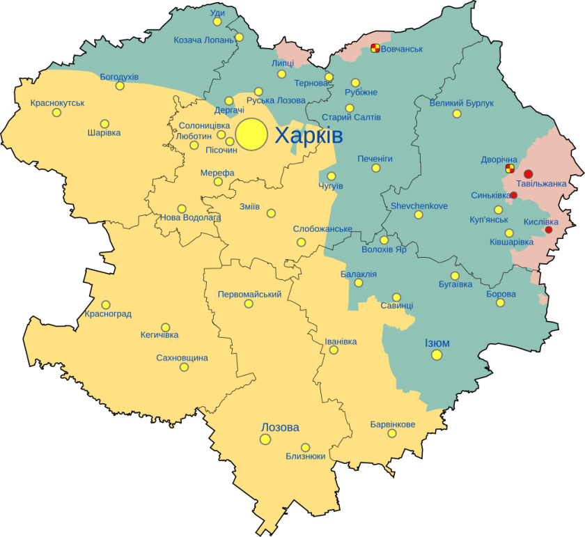 Красным цветом обозначена территория, контролируемая Россией, зеленым — территория, освобожденная от российской оккупации