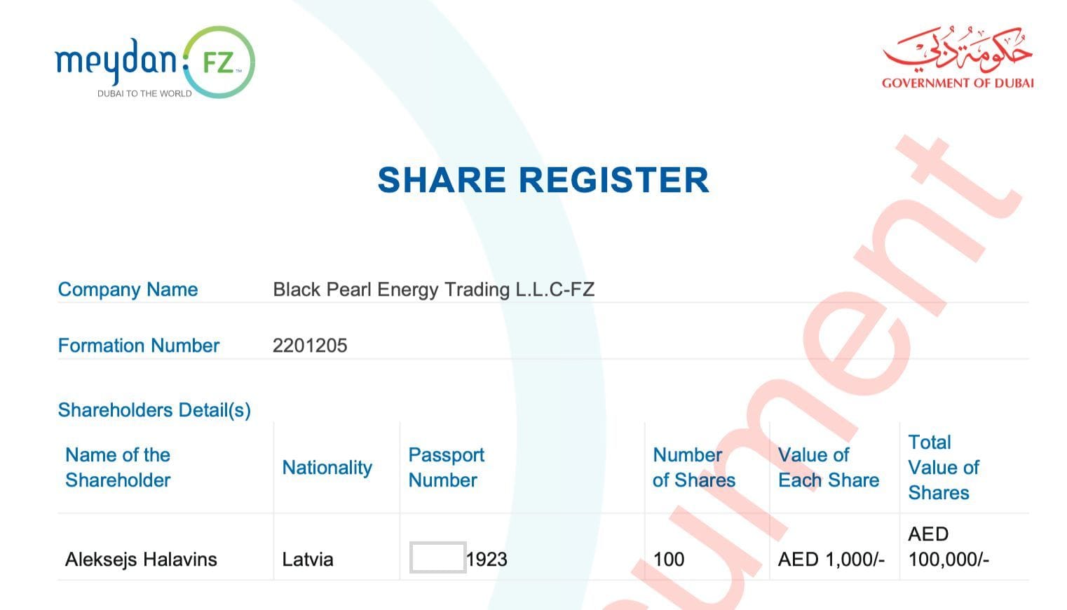 Black Pearl in the Dubai company register