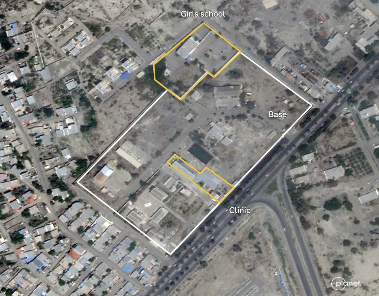 Satellite image of the IRGC base premises and the school before the strike