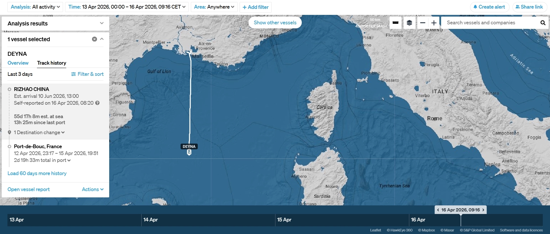 The route of the tanker Deyna after leaving the port of Marseille