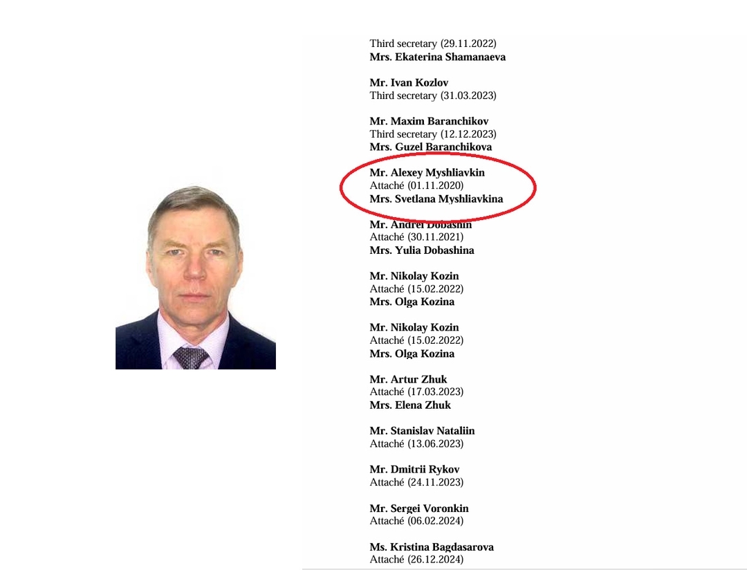 Alexei Myshlyavkin (left), Myshlyavkin’s name on Russia’s diplomatic roster in Armenia (right)