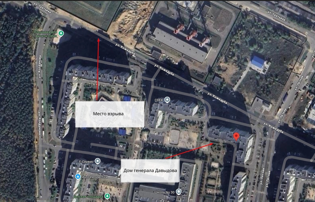 The location of the blast site (top left) and Davydov’s home (red pin on the right) in Balashkikha outside Moscow