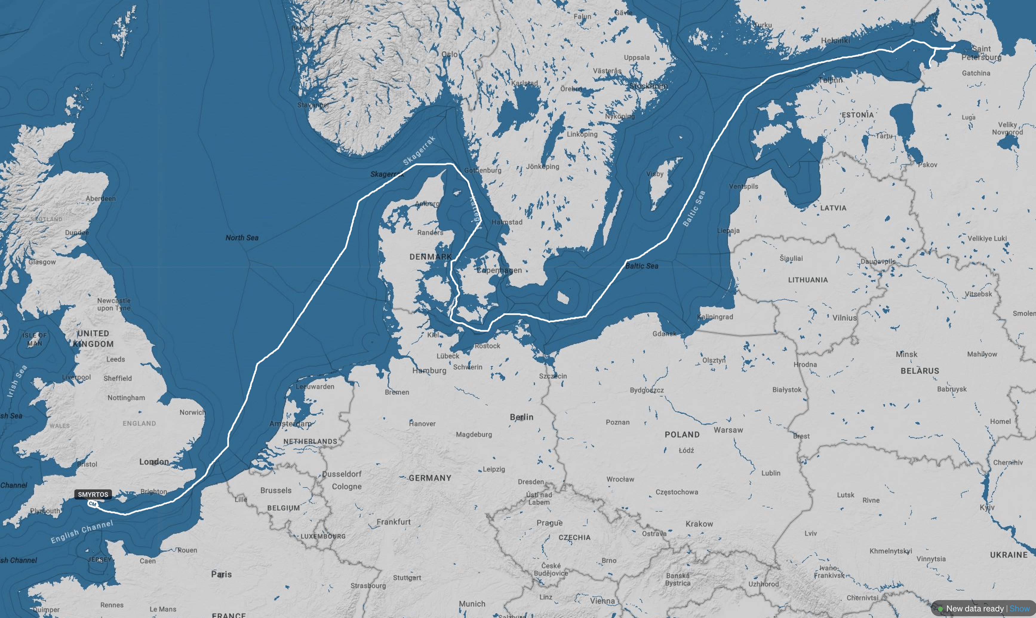 Smyrtos' route from Ust-Luga to the south coast of England