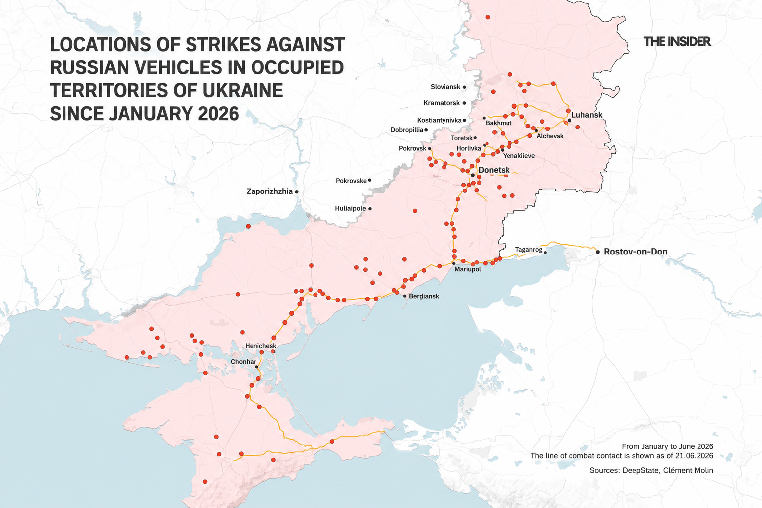 Locations of strikes against Russian vehicles in occupied territories of Ukraine since January 2026