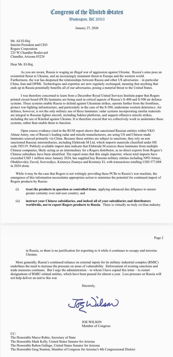 Письмо конгрессмена Джо Уилсона руководству Rogers с призывом внимательнее следить за судьбой своей продукции, январь 2026 года