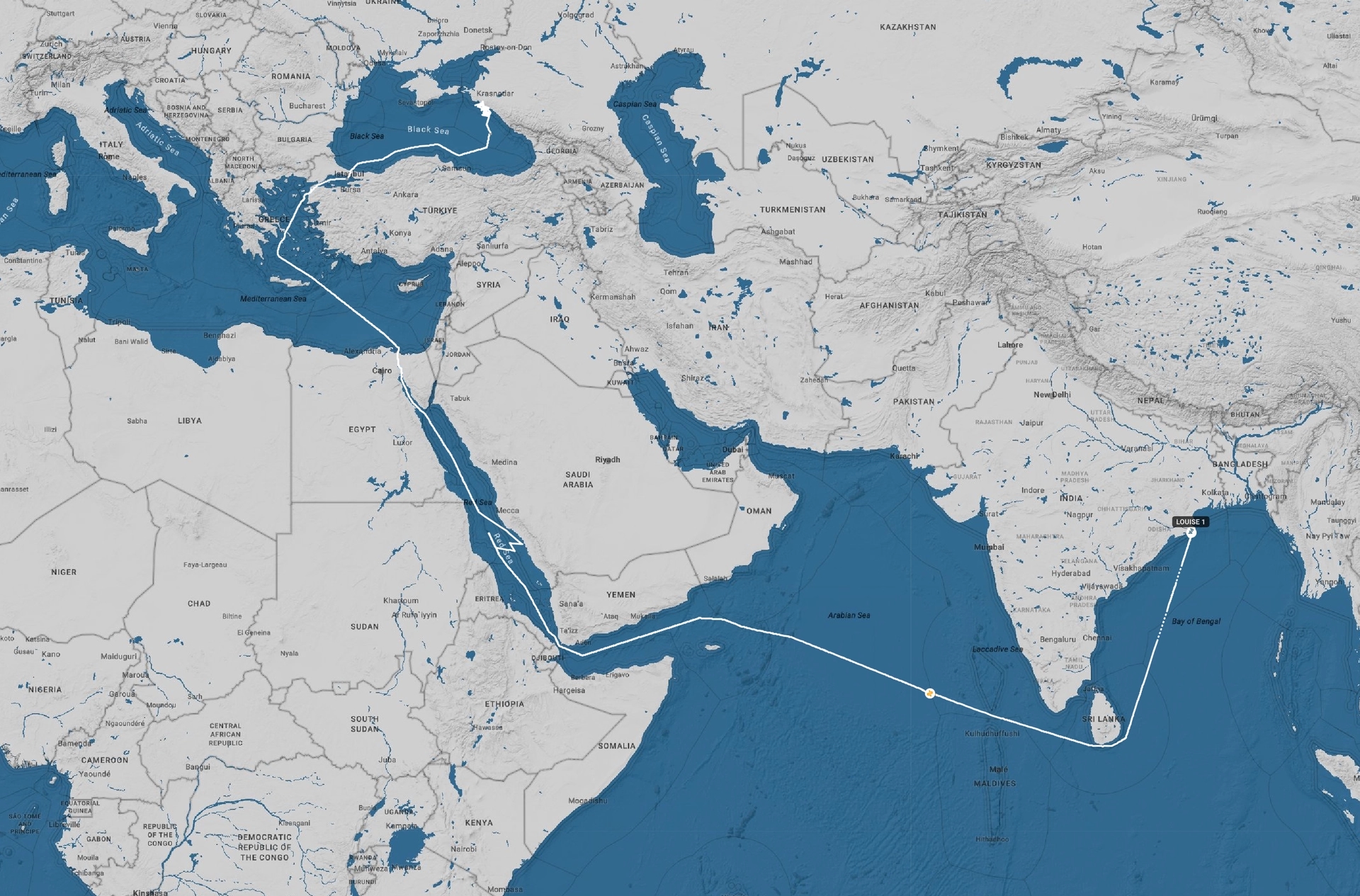 Louise 1’s route from an Indian port to the Black Sea