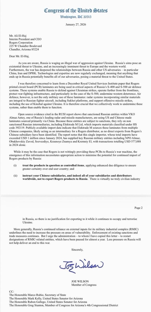 Congressman Joe Wilson’s letter to Rogers management urging closer monitoring of the company’s products, January 2026