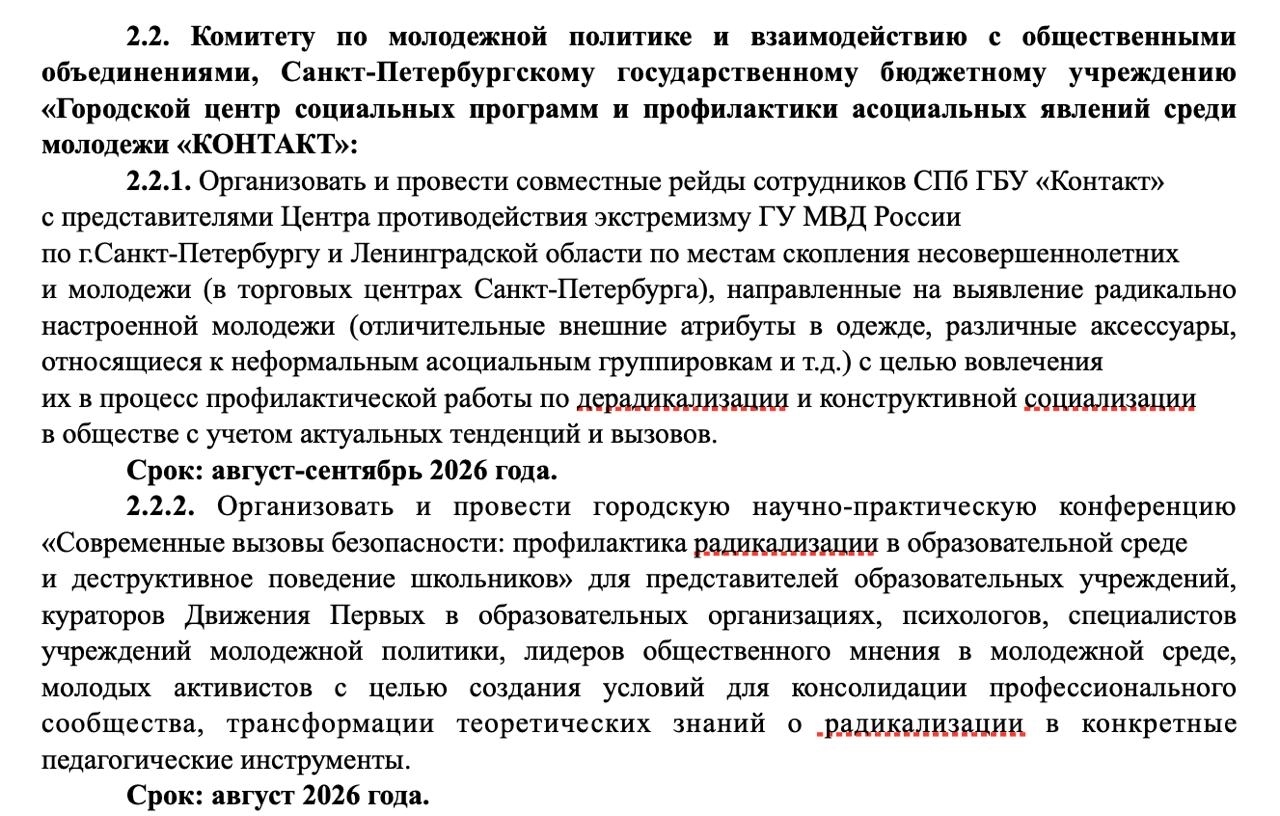 Point 2.2.1 reads "These raids shall be aimed at identifying young people with radical views, including on the basis of distinctive outward features in their clothing, various accessories associated with informal antisocial groups, and similar signs, in order to involve them in preventive work focused on deradicalization and constructive socialization, taking into account current trends and challenges."
