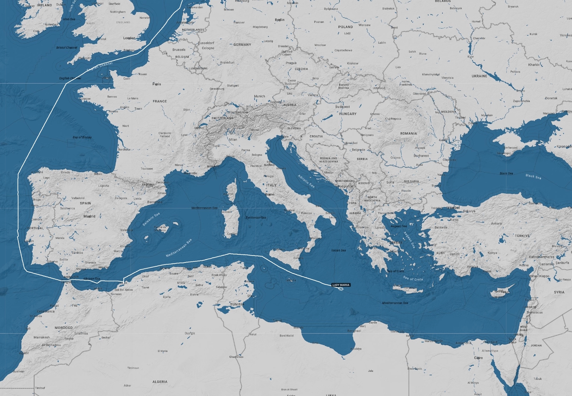 The route of the Russian roll-on/roll-off cargo ship Lady Mariia
