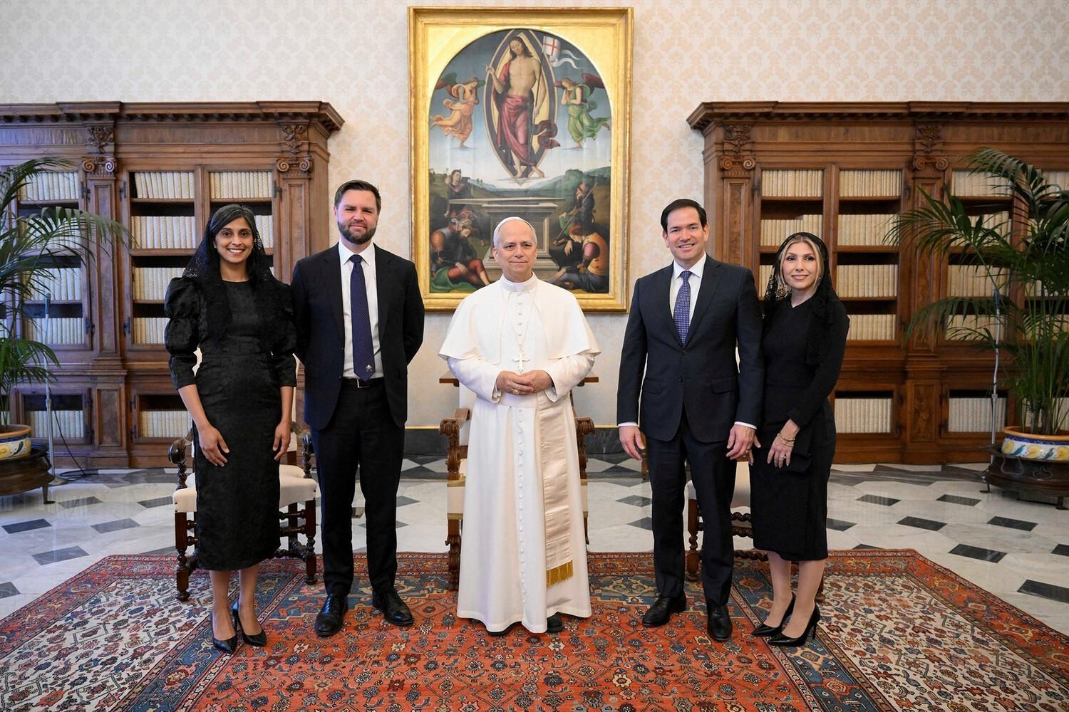 Pope Leo XIV with the two Catholic politicians who stand as the top contenders for the Republican nomination in 2028: Marco Rubio (right) and J. D. Vance (left)