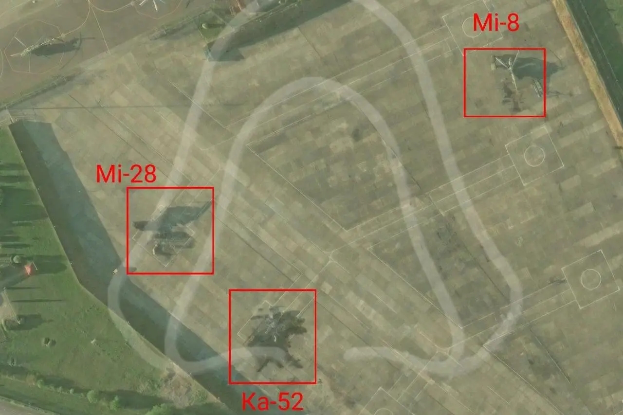 Satellite image of a military helicopter parking area at Sochi airport after the Sept. 4, 2026, attack. Photo: Absoliutno Nadiine Dzherelo