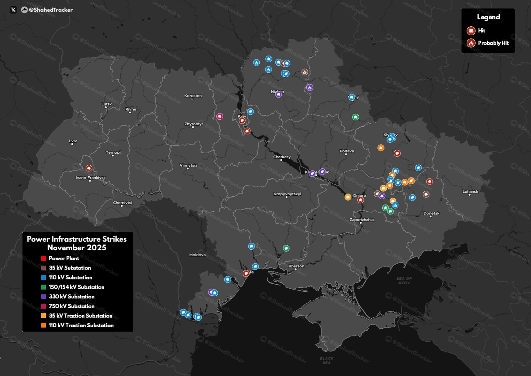 Карта атак на энергосистему Украины в ноябре 2025 года