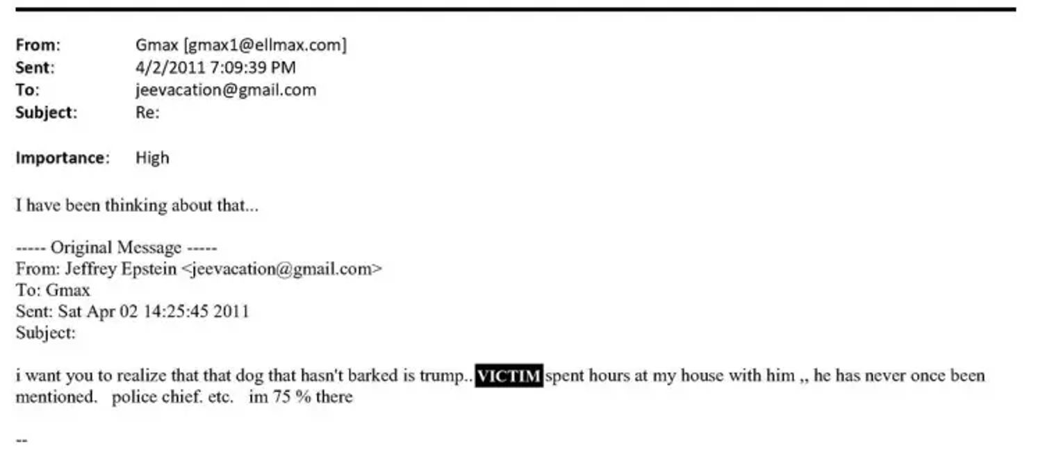 Хочу, чтобы ты понял: та «собака, которая не лаяла» <в данном контексте можно трактовать как «подозрительно молчит» — The Insider>, — это Трамп. [Жертва] провела у меня дома несколько часов с ним, и его ни разу не упомянули. Полиция и прочие… Я уже на 75% уверен