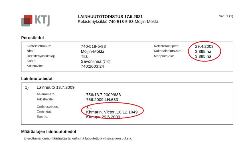 An extract from the Finnish register