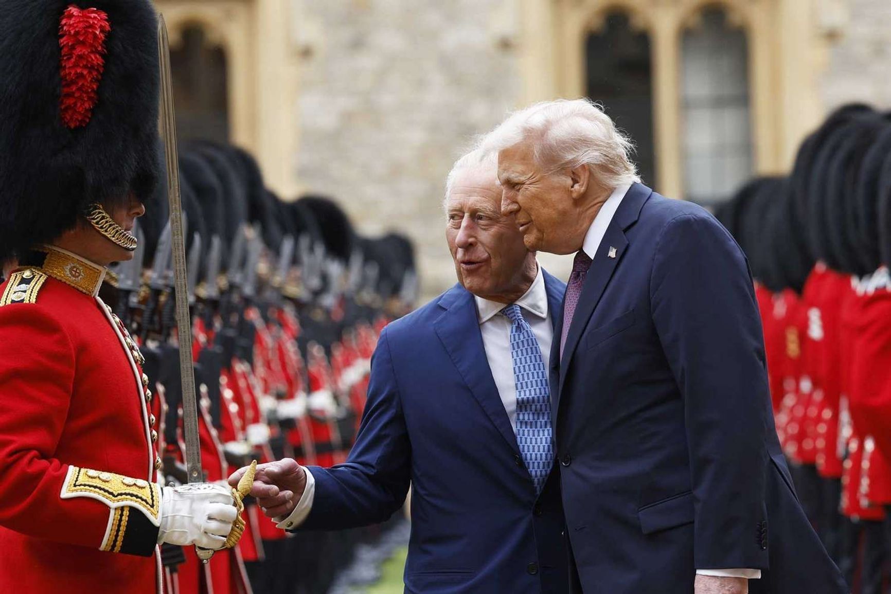 Britain’s King Charles III and U.S. President Donald Trump inspect the Guard of Honour at Windsor Castle on Sept. 17, 2025.