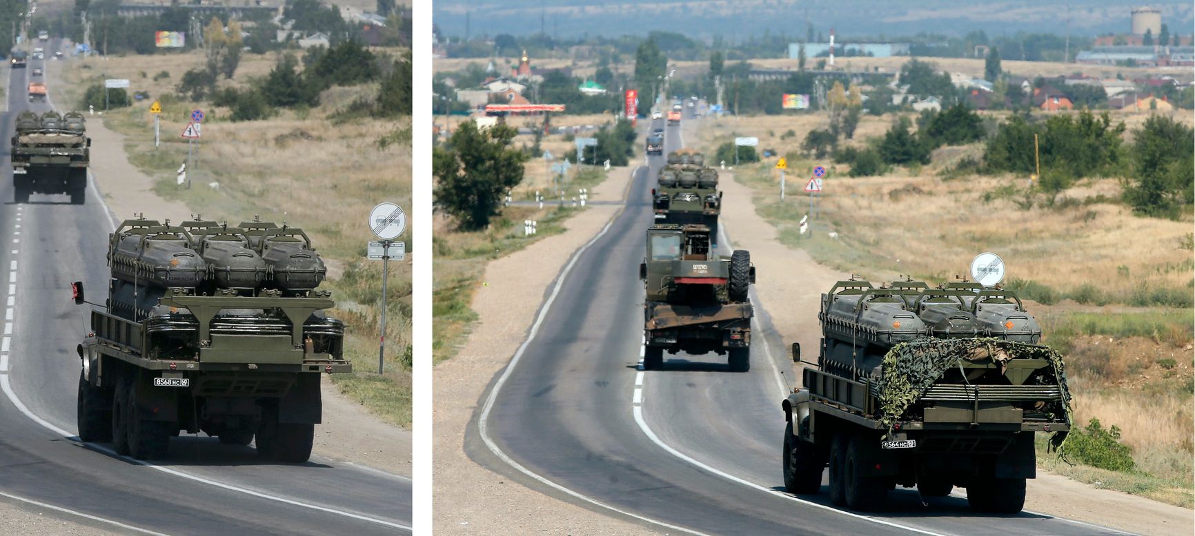 Фотографии автоколонны с зенитными ракетами в 20 км от украинской границы (и движущейся в ее направлении), опубликованные Reuters 16 августа 2014 г. (видны три грузовика КрАЗ-255Б с ракетными контейнерами и автокран на шасси Урал-432033). Интересный штрих: на этот раз ракетные контейнеры (по 6 на каждом грузовике) перевозятся открыто, но наготове виден не только защитный брезент, но и маскировочная сеть, используемая при нахождении в районах, где возможен визуальный контакт с противником, т.е. либо в непосредственной близости к границе, либо, как в случае с СОУ «Бук-М1–2» No 3’2, в зоне АТО.