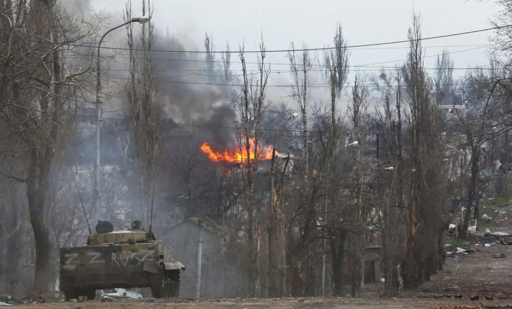 A Russian BTR armored personnel carrier in the streets of Mariupol, April 11, 2022