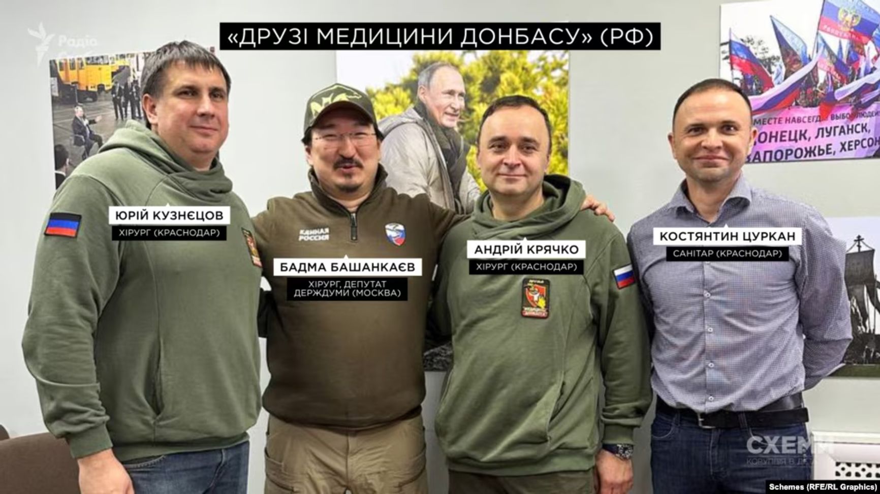 Yury Kuznetsov (far left), “Friends of Donbas Medicine” creator Badma Bashankaev, and colorectal surgeon Andrei Kryachko (second from right)