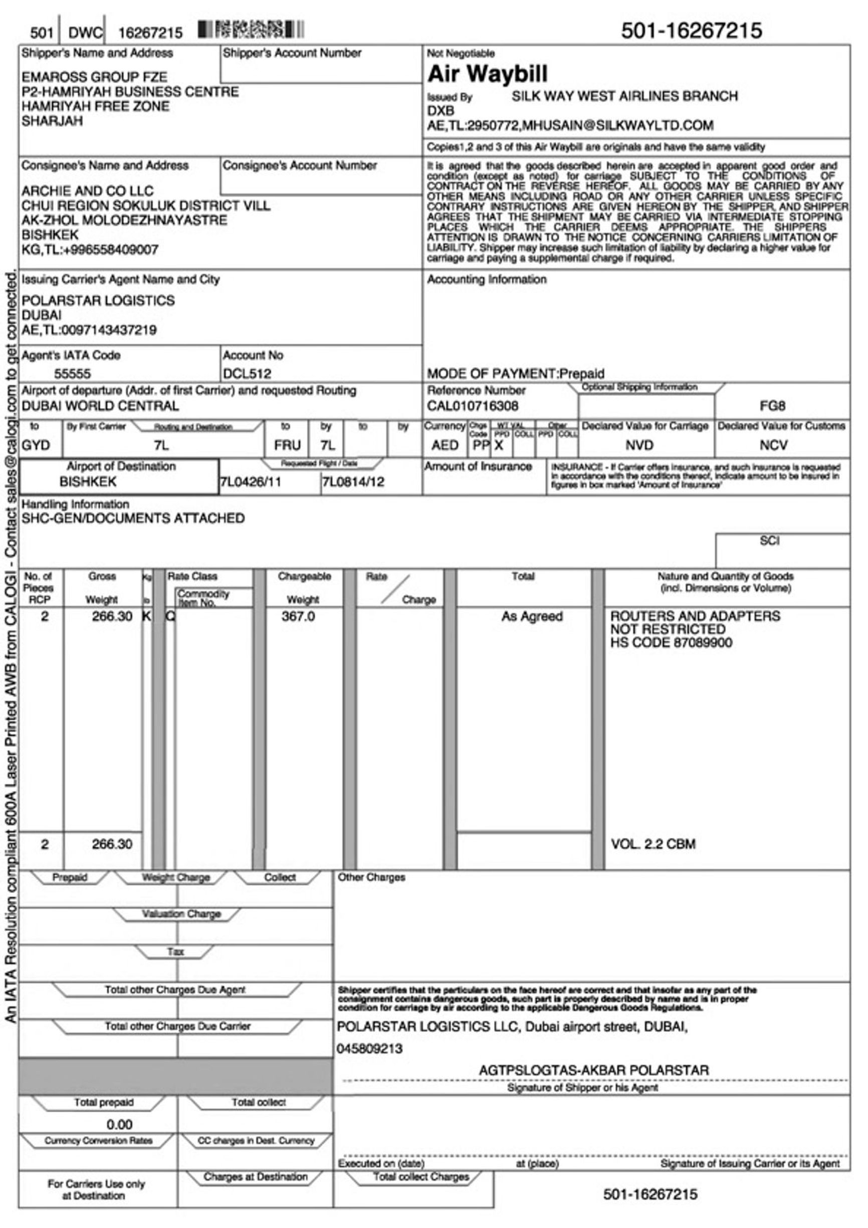 According to air waybill No. 501-16267215, the shipment was sent on May 10, 2024, from Dubai World Central Airport to Bishkek