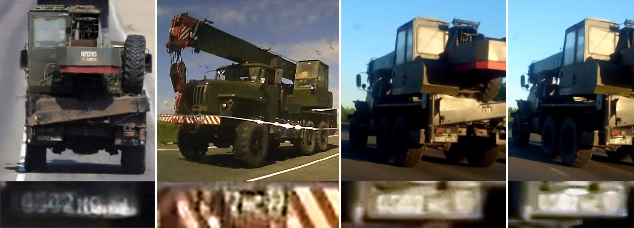 Иллюстрации автокрана КС-2573 на шасси Урал-4320 с номерным знаком «0502 НС 50», слева направо: – фрагмент одной из фотографий Reuters от 16 августа 2014 г., на которых автокран следует в составе колонны, перевозящей ракетные контейнеры с маркировкой «9М38М1...», по дороге М21 в сторону Каменск-Шахтинского Ростовской области вблизи российской-украинской границы; – фрагмент кадра видео движения автоколонны 53-й зенитно-ракетной бригады, снятого утром 24 июня 2014 г. в окрестностях села Расховец Белгородской области; – две иллюстрации справа: кадры видео, снятого на въезде в Старый Оскол вечером 23 июня 2014 г.