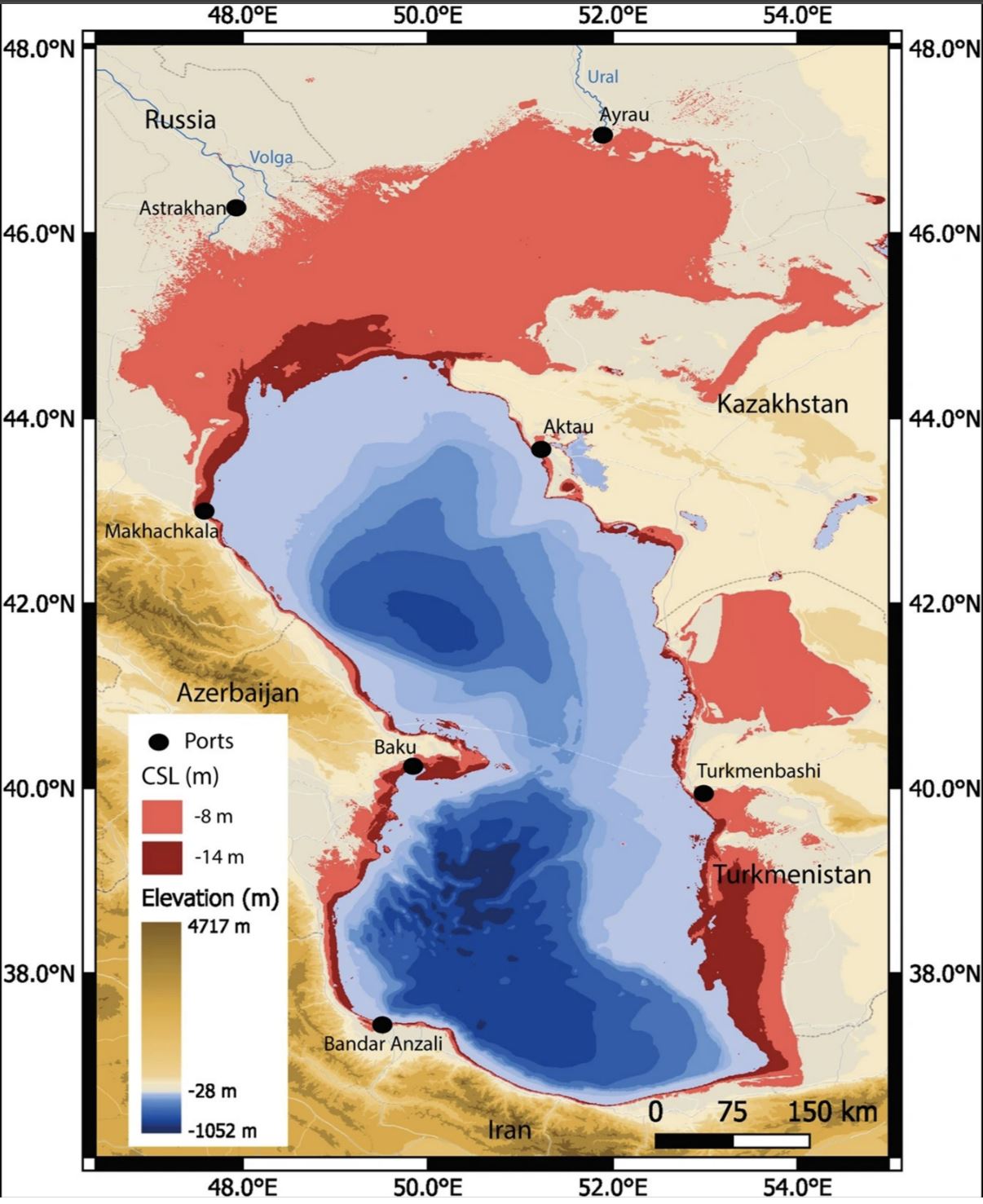 Ports without the sea. A forecast by scientists from the University of Bremen on the possible decline of the Caspian Sea level, published in the journal Nature, based on 15 climate models from the Coupled Model Intercomparison Project 6. Areas of drying are shown in red