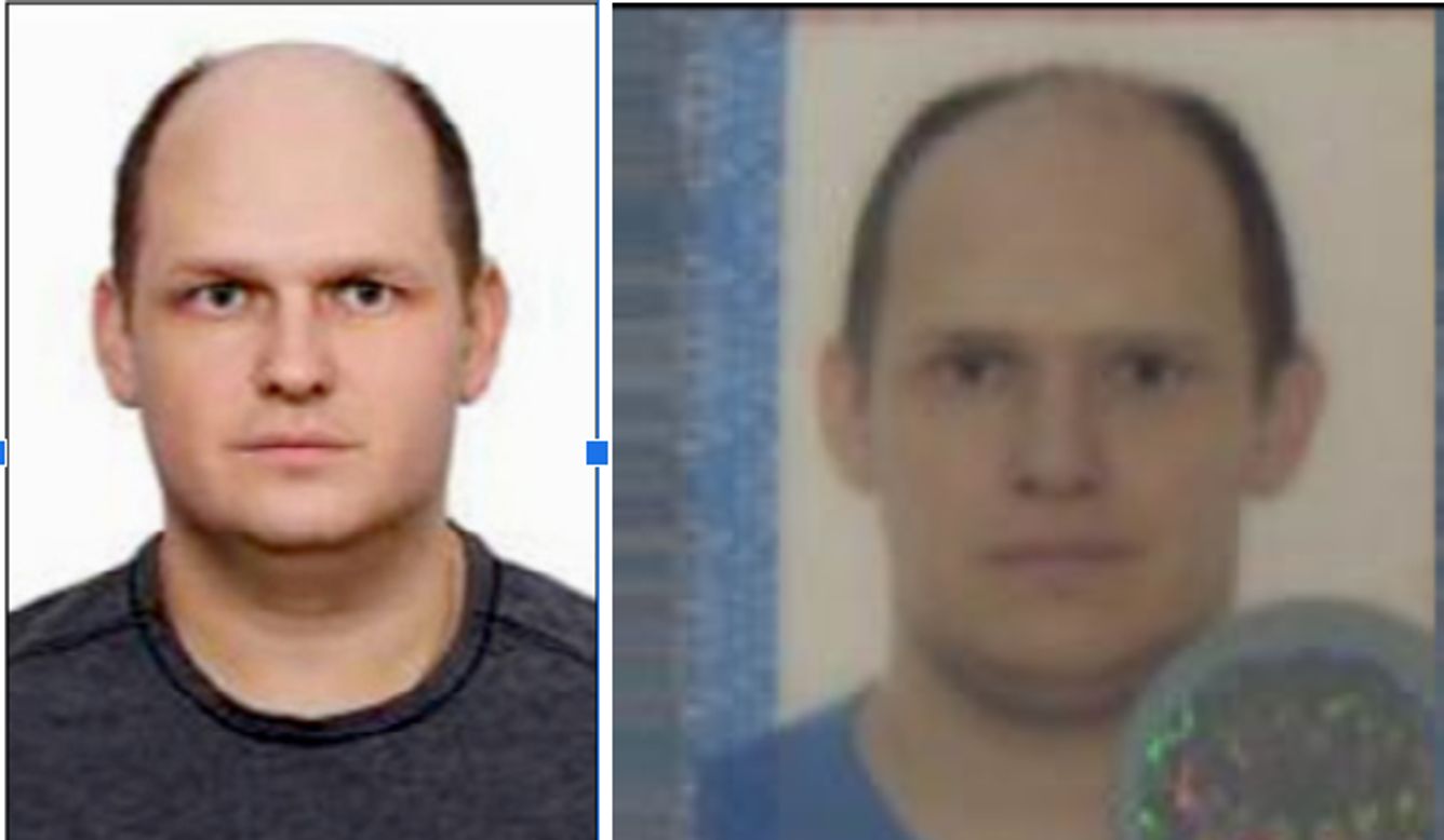 Passport photos of Yuri Denisov (left) and “Yuri Lukin” (right)