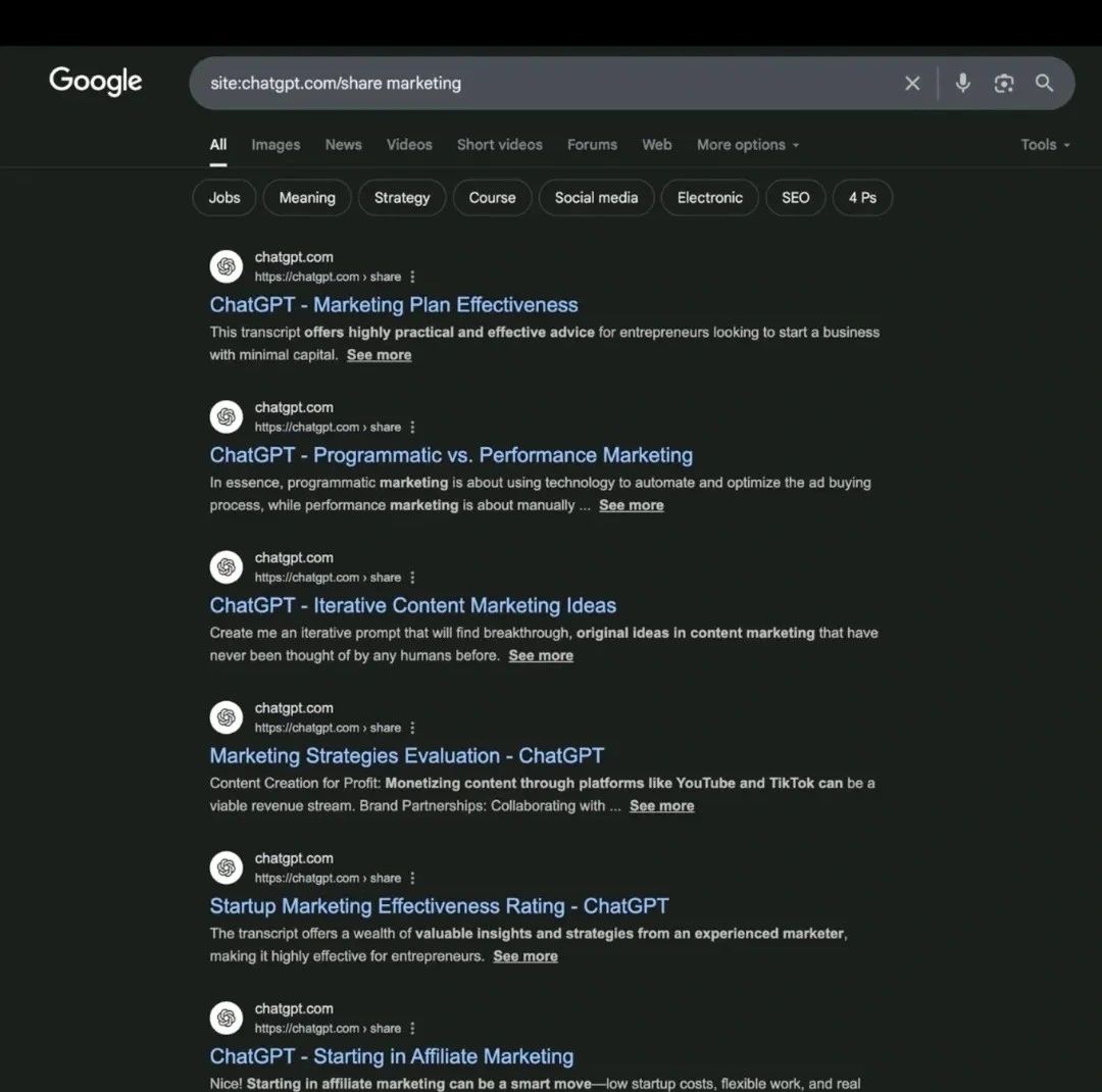 Скриншот: проиндексированные переписки пользователей ChatGPT, в которых упоминалось слово marketing