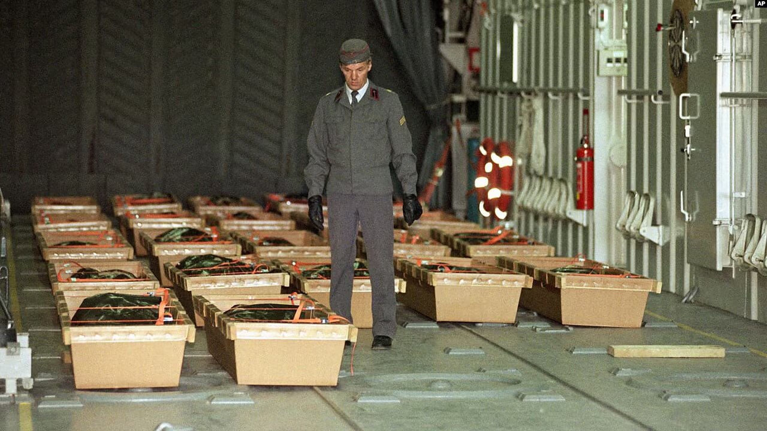Coffins containing the bodies of passengers who died in the Estonia ferry disaster