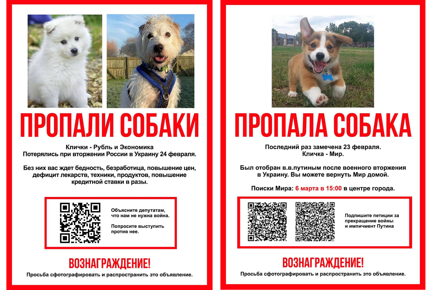 “Dogs missing. Ruble and Economy. Last seen on February 24, when Putin invaded Ukraine. Without them, you get poverty, unemployment, soaring prices, shortages of drugs, electronics, food, and manifold increases of interest rates. Tell your deputy you don’t need war. Ask them to oppose it. Reward guaranteed! Please spread the word.” “Dog missing. Answers to the name of ‘Peace’. Last seen on February 23. Putin took him away when his troops invaded Ukraine. You can bring Peace back home. Looking for Peace: March 6, 15:00, city center. Sign the petitions to stop the war and impeach Vladimir Putin. Reward guaranteed! Please spread the word.”