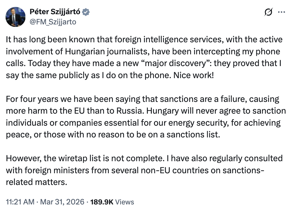 A screenshot of Szijjártó's tweet, published after the release of The Insider's investigation on March 31, 2026