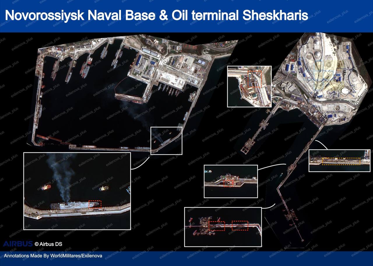Спутниковый снимок последствий украинского налета на порт Новороссийска в ночь на 6 апреля 2026 года