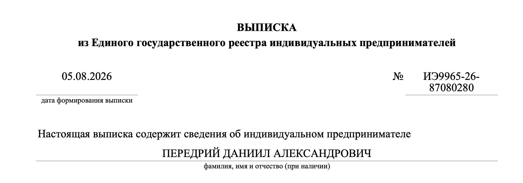 Скриншот выписки из ЕГРИП