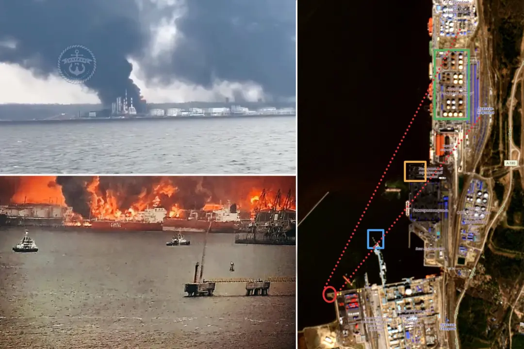 A collage of geolocated footage of the fire in the Russian port of Ust-Luga in the Leningrad Region. Photos: GeoConfirmed, @moryakirumedia (Telegram)